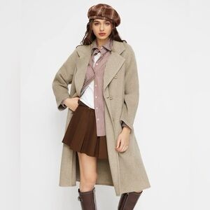 Cider WOOL-LOOK NOTCHED COLLAR DOUBLE BREASTED LONG PREPPY COAT M NO BELT